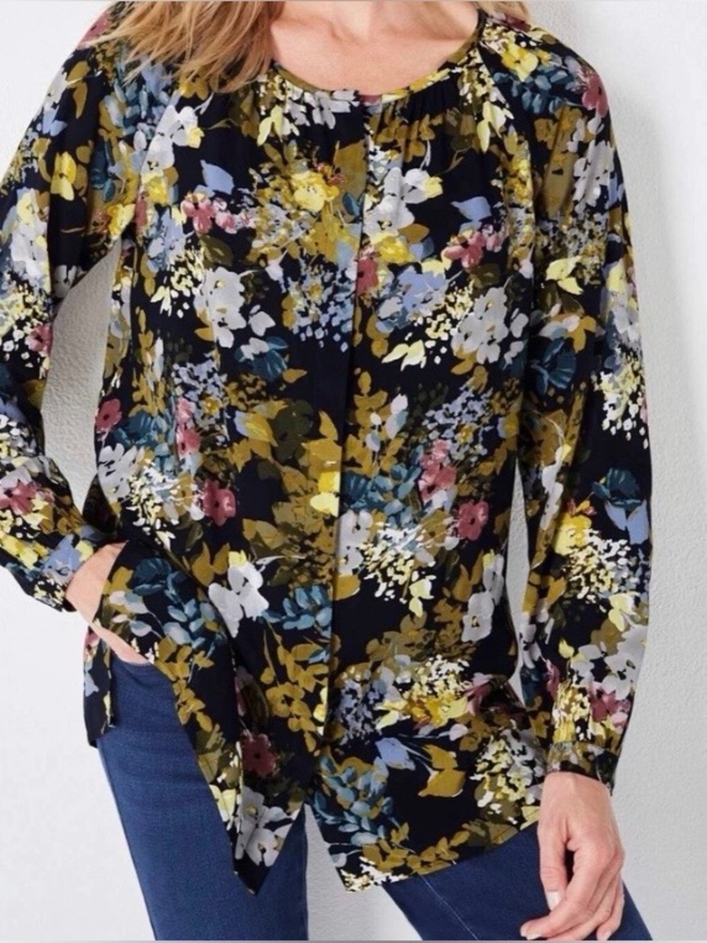 J.Jill Shirred Abstract Floral Button Up Tunic Blouse
